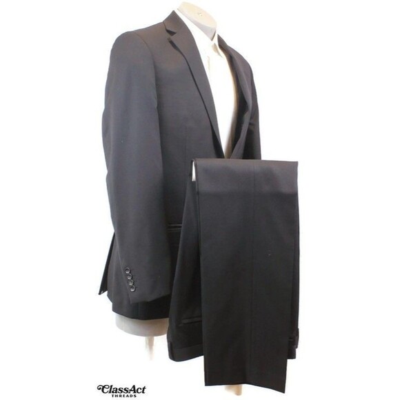 Marc Anthony Slim Fit 2 Pc Suit Mens Black Striped 2 Button Wool 42L 34" Wasit - Picture 1 of 12